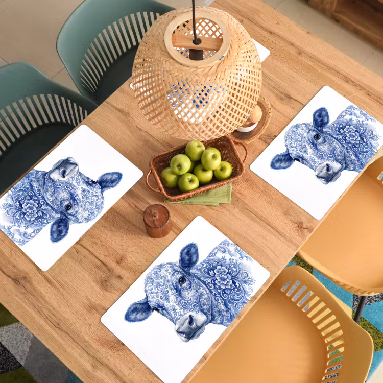 Placemat - 6 stuks - Illustratie - Koe - Blauw — 6