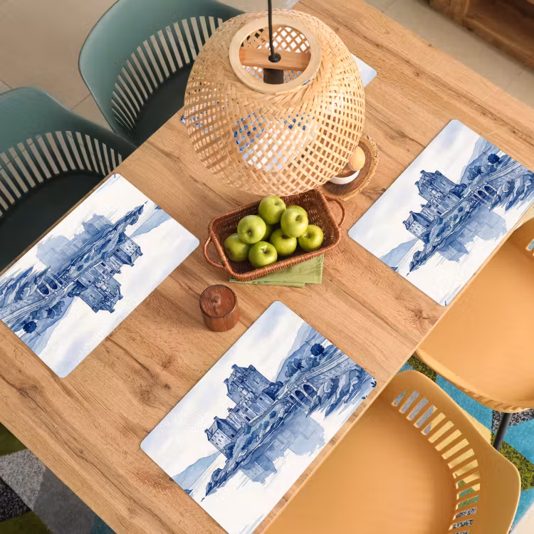 Placemat - 6 stuks - Schots - Kasteel - Blauw - Aquarel — 6