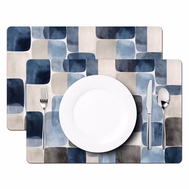 Placemat - 6 stuks - Patroon - Blauw - Vierkanten — 2