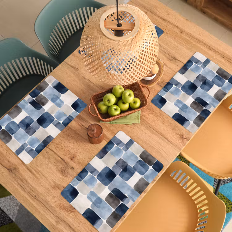 Placemat - 6 stuks - Patroon - Blauw - Vierkanten — 6
