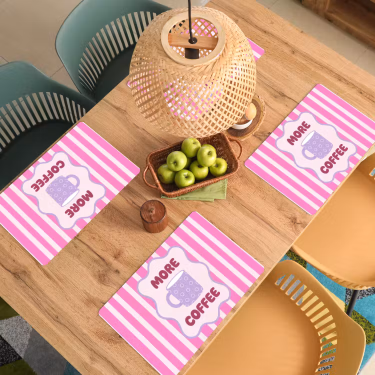Placemat - 6 stuks - More coffee - Roze - Paars - Strepen - Mok — 6