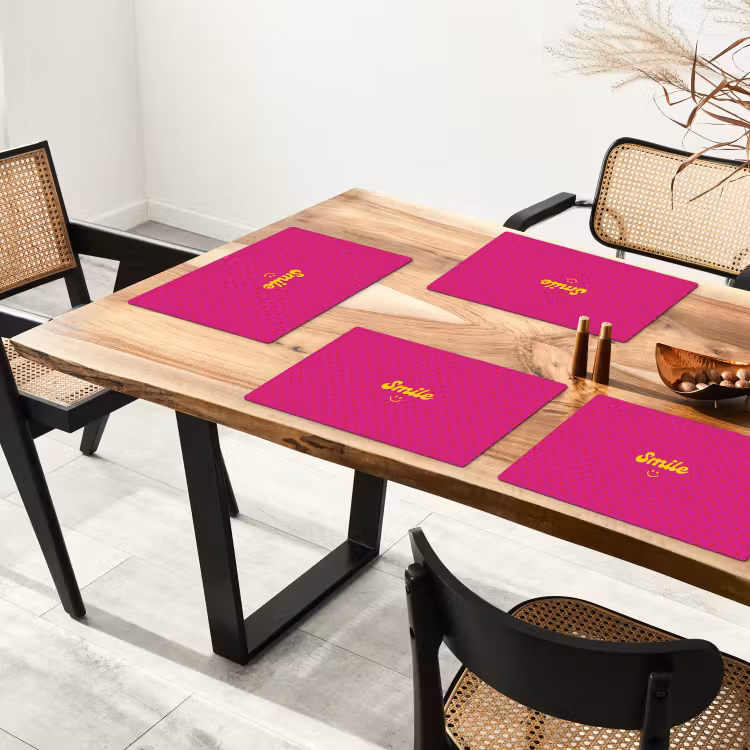Placemat - 6 stuks - Smile - Stippen - Geel - Smiley - Roze — 5