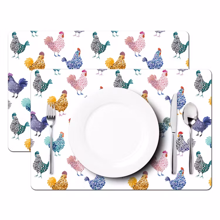 Placemat - 6 stuks - Kippen -Aquarel - Kleurrijk — 2