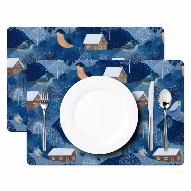 Placemat - 6 stuks - Huisjes - Vogels - Sneeuw - Winter - Blauw — 2