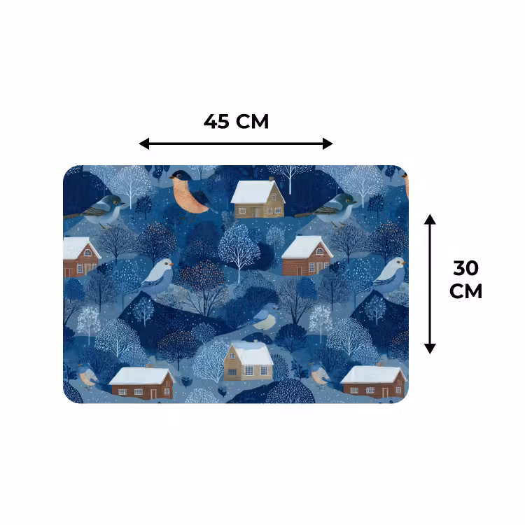 Placemat - 6 stuks - Huisjes - Vogels - Sneeuw - Winter - Blauw — 3