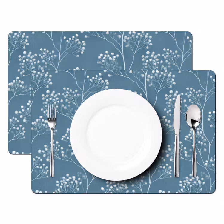 Placemat - 6 stuks - Takken - Bessen - Patroon - Lichtblauw — 2