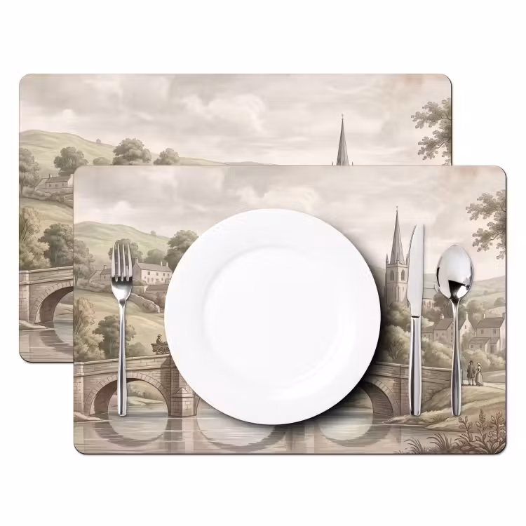 Placemat - 6 stuks - Dorp - Brug - Uitzicht - Groen — 2
