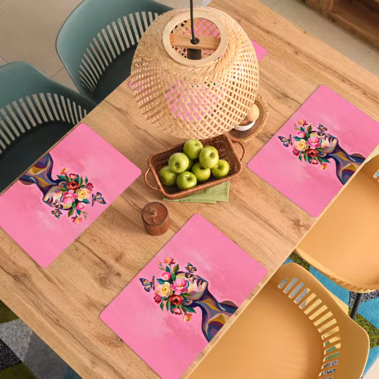 Placemat - 6 stuks - Vrouwengezicht - Vlinders - Kleurrijk — 6