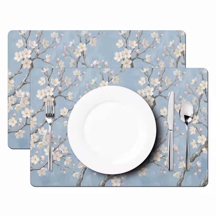 Placemat - 6 stuks - Takken - Kersenbloesem - Blauw — 2