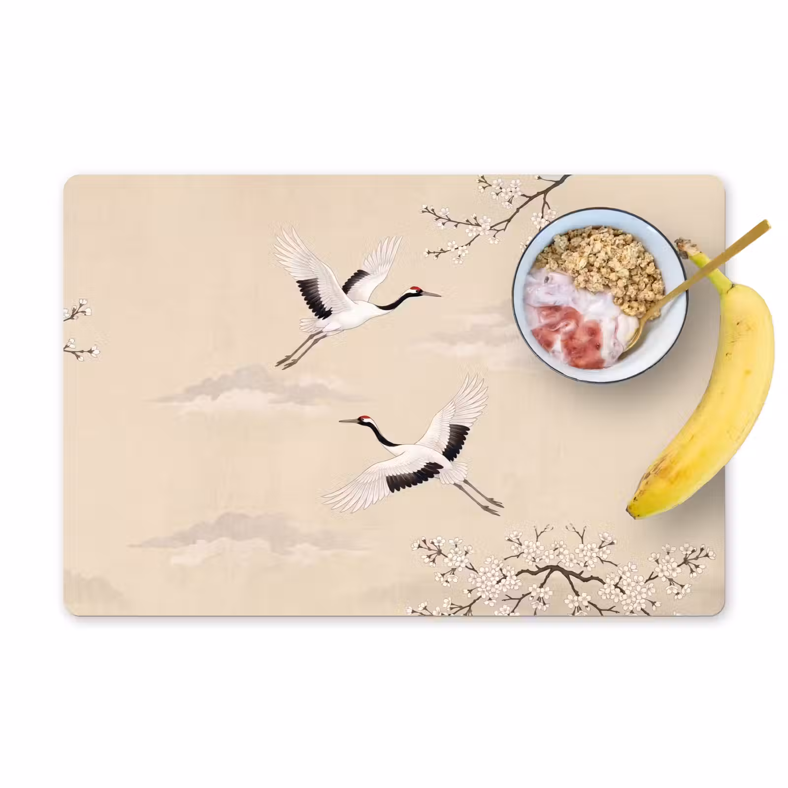Placemat - 6 stuks - Kraanvogels - Bloesem - Beige — 1