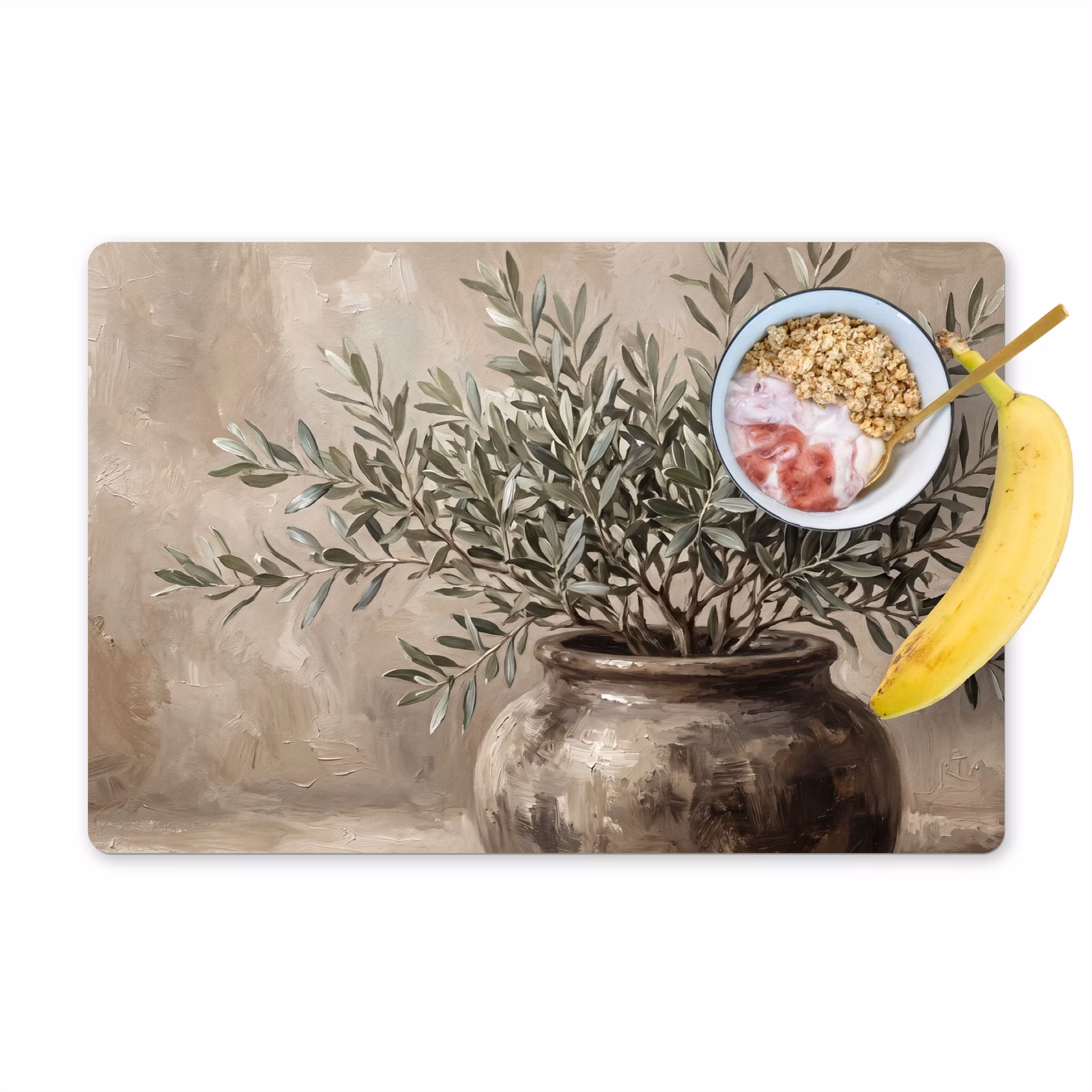 Placemat - 6 stuks - Olijfplant - Aardenpot - Abstract - Beige — 1