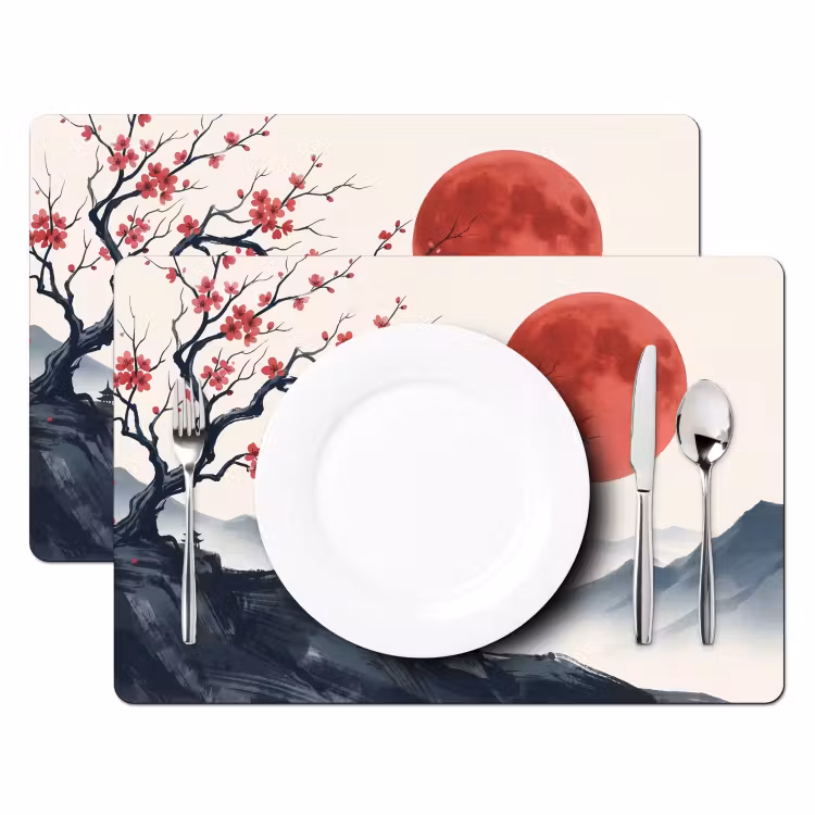 Placemat - 6 stuks - Kersenbloesem - Oosters - Rood — 2