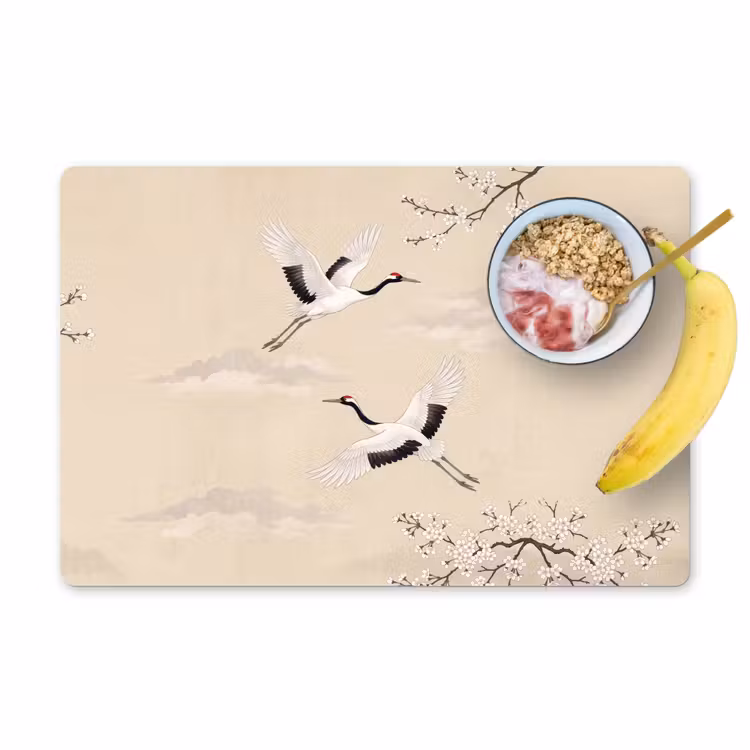 Placemat - 6 stuks - Kraanvogels - Bloesem - Beige — 1