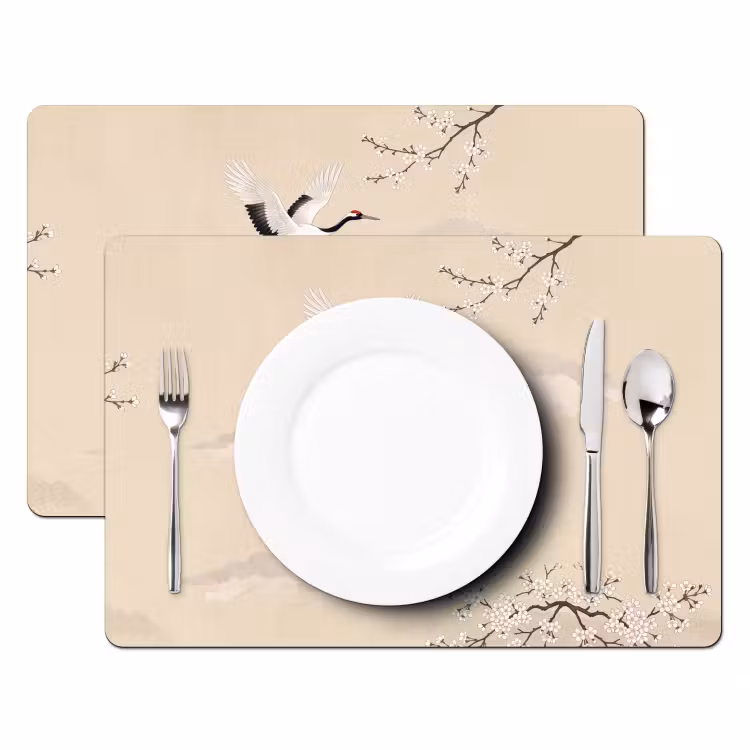 Placemat - 6 stuks - Kraanvogels - Bloesem - Beige — 2