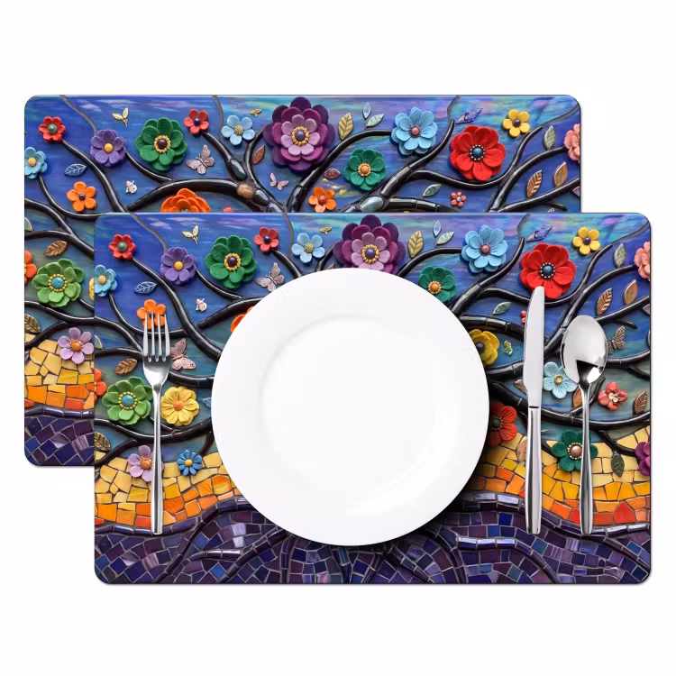 Placemat - 6 stuks - Levensboom - Mozaïek - Bloemen - Kleurrijk - Vrolijk — 2