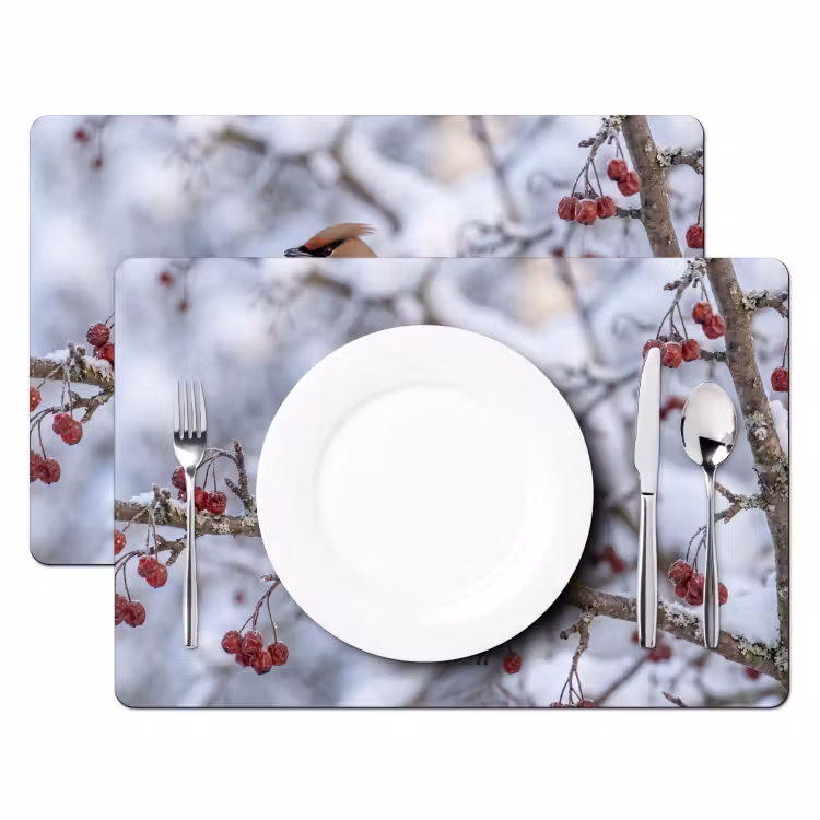 Placemat - 6 stuks - Pestvogel - Bessen - Winter - Natuur — 2