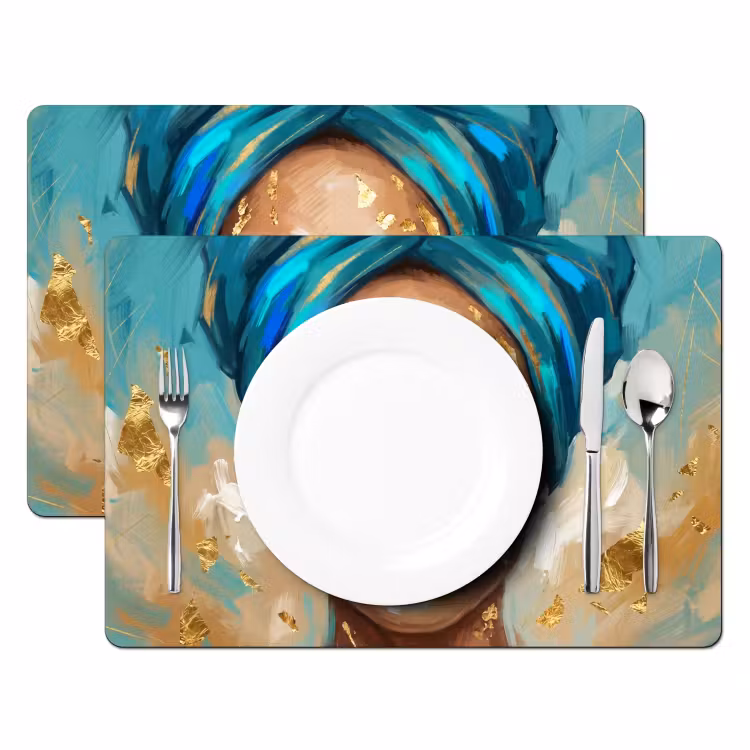 Placemat - 6 stuks - Portret - Vrouw - Schilderij - Blauw - Goud - Expressief — 2