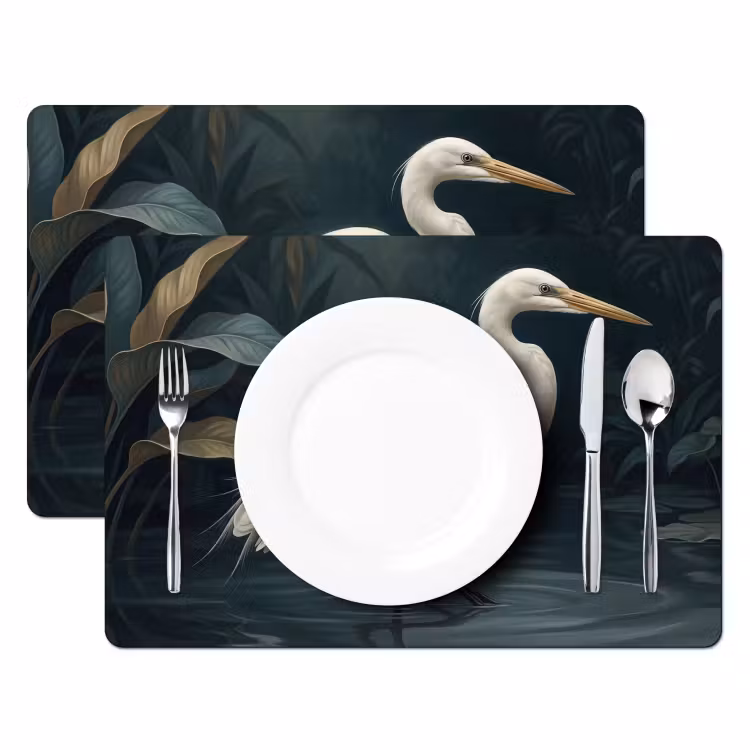 Placemat - 6 stuks - Reiger - Water - Natuur - Modern - Wit — 2