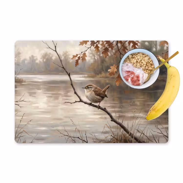 Placemat - 6 stuks - Winterkoninkje - Tak - Rivier - Natuur - Sfeervol — 1
