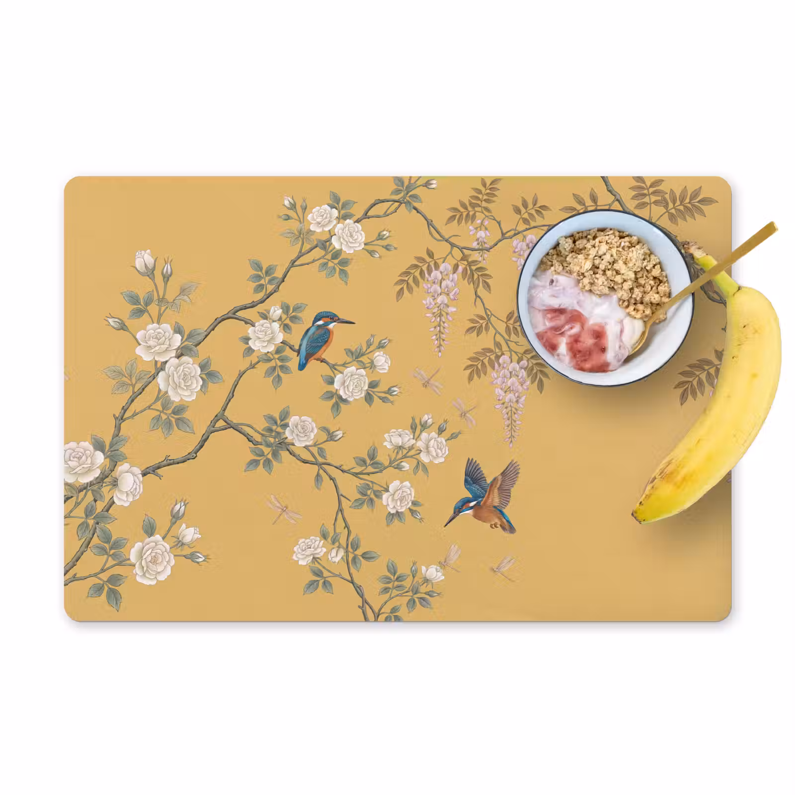 Placemat - 6 stuks - IJsvogels - Bloesem - Geel — 1