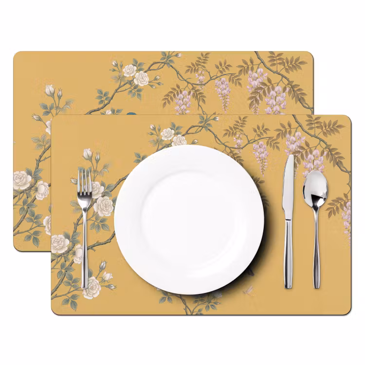 Placemat - 6 stuks - IJsvogels - Bloesem - Geel — 2