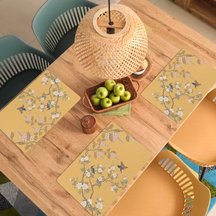 Placemat - 6 stuks - IJsvogels - Bloesem - Geel — 6