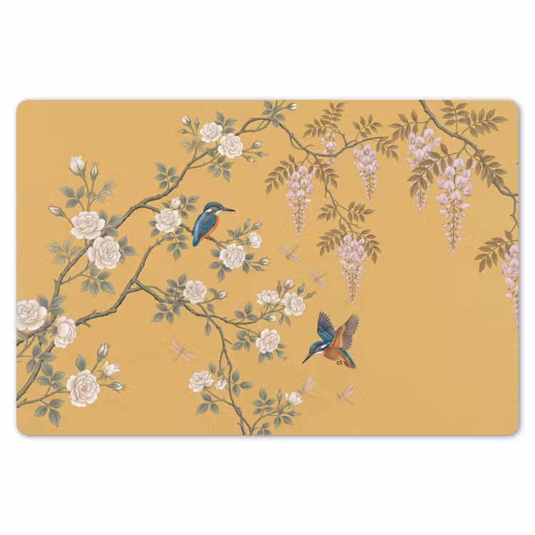 Placemat - 6 stuks - IJsvogels - Bloesem - Geel — 7