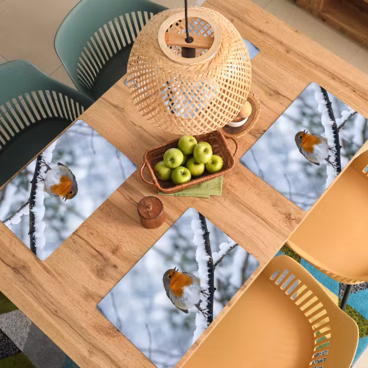 Placemat - 6 stuks - Roodborstje - Tak - Sneeuw - Winter - Levendig — 6