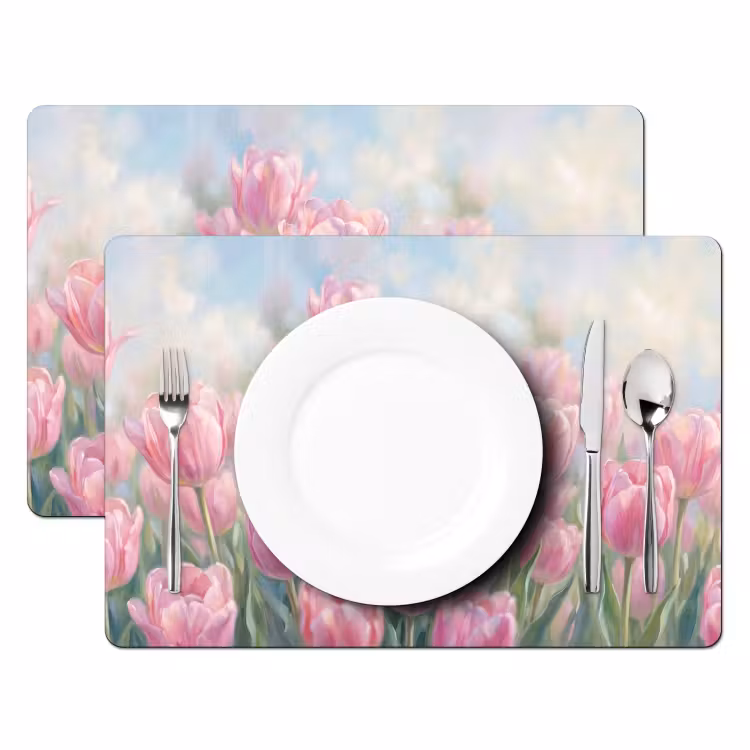 Placemat - 6 stuks - Tulpen - Veld - Lente - Roze — 2