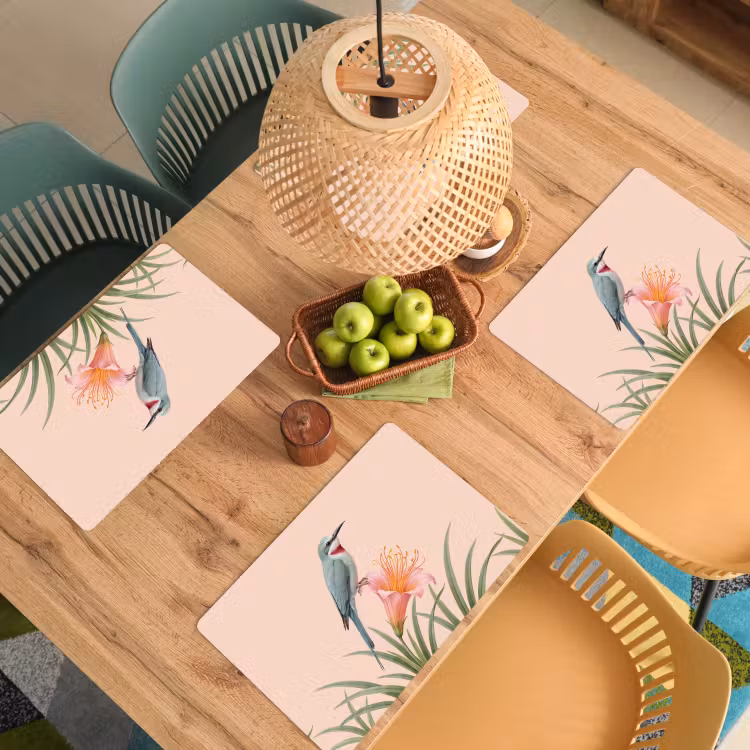Placemat - 6 stuks - Vogel - Bloem - Natuur - Roze — 6