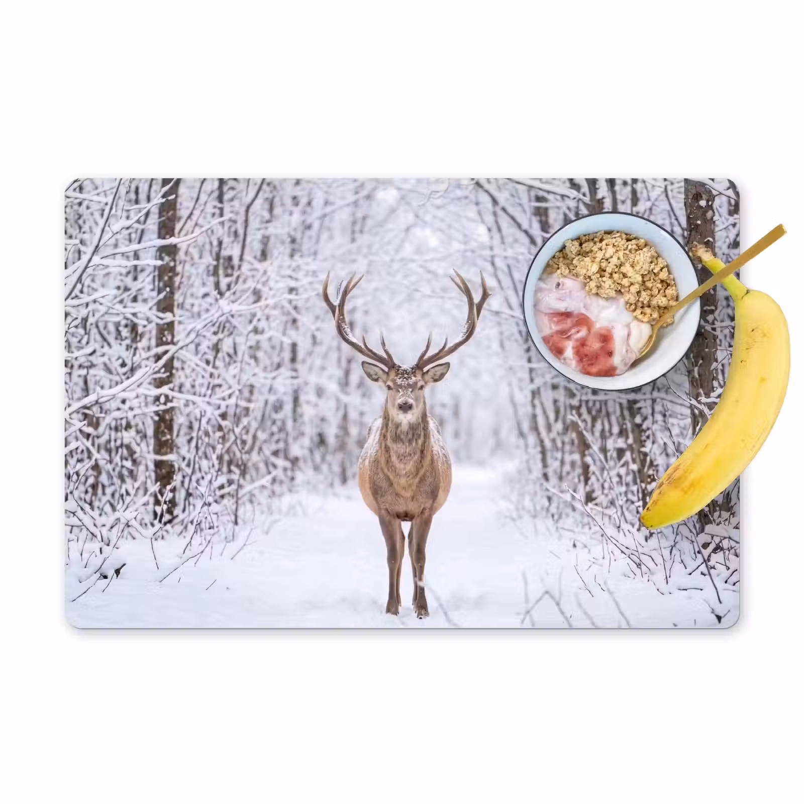 Placemat - 6 stuks - Hert - Winter - Bos - Natuur - Wit — 1