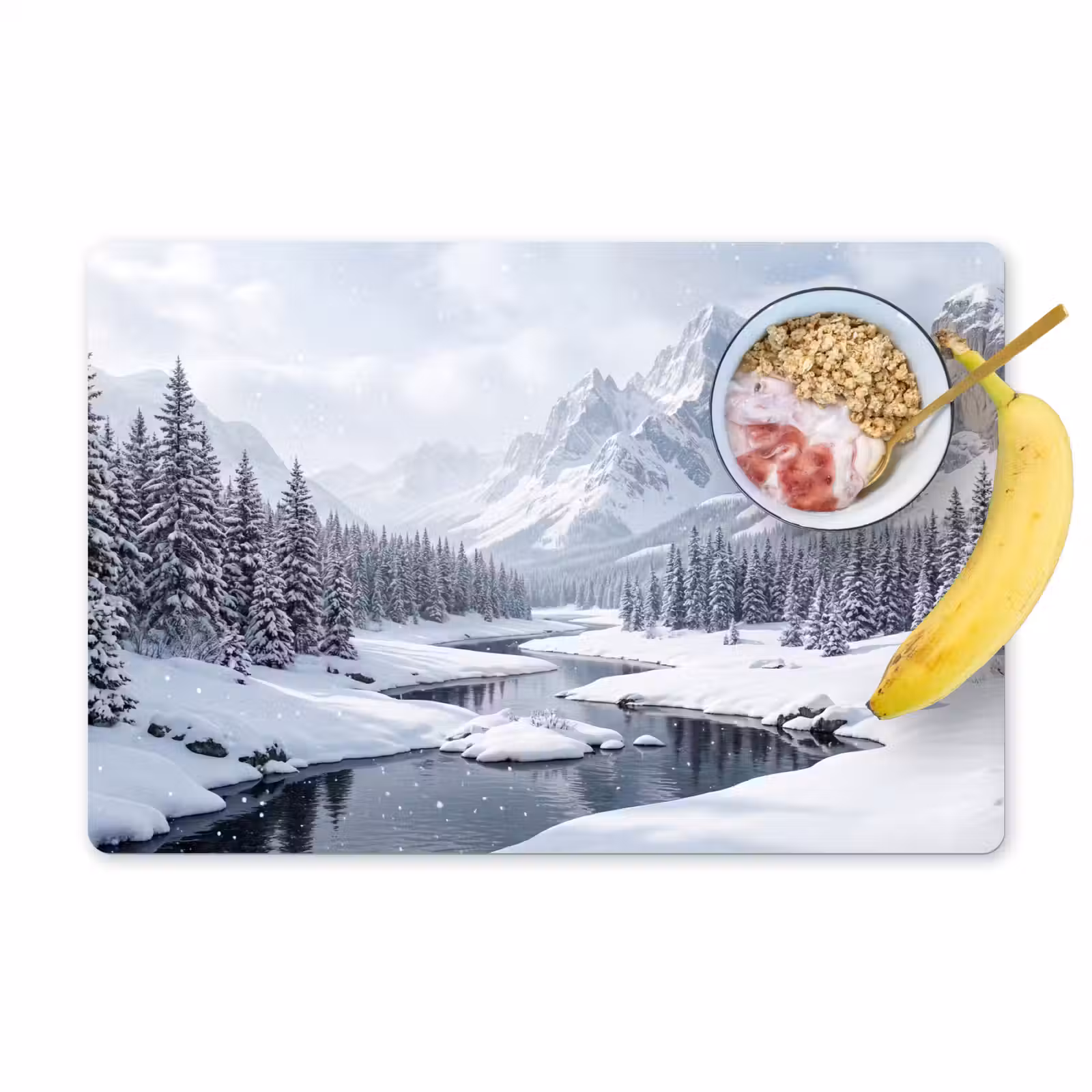 Placemat - 6 stuks - Sneeuwlandschap - Bergen - Rivier - Winter — 1