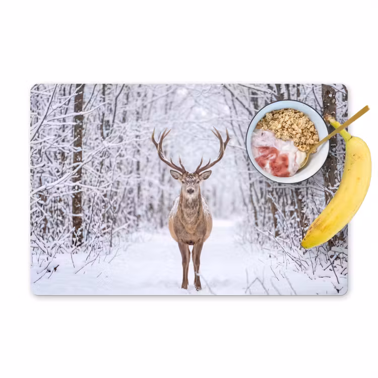Placemat - 6 stuks - Hert - Winter - Bos - Natuur - Wit — 1