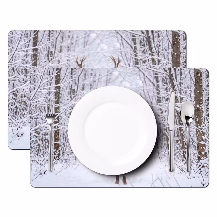 Placemat - 6 stuks - Hert - Winter - Bos - Natuur - Wit — 2
