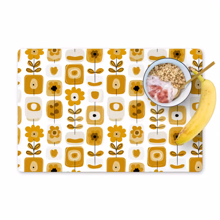 Placemat - 6 stuks - Retro - Abstract - Bloemen - Okergeel — 1