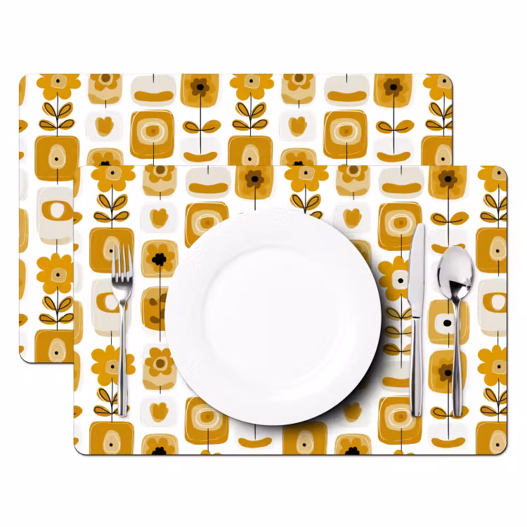 Placemat - 6 stuks - Retro - Abstract - Bloemen - Okergeel — 2