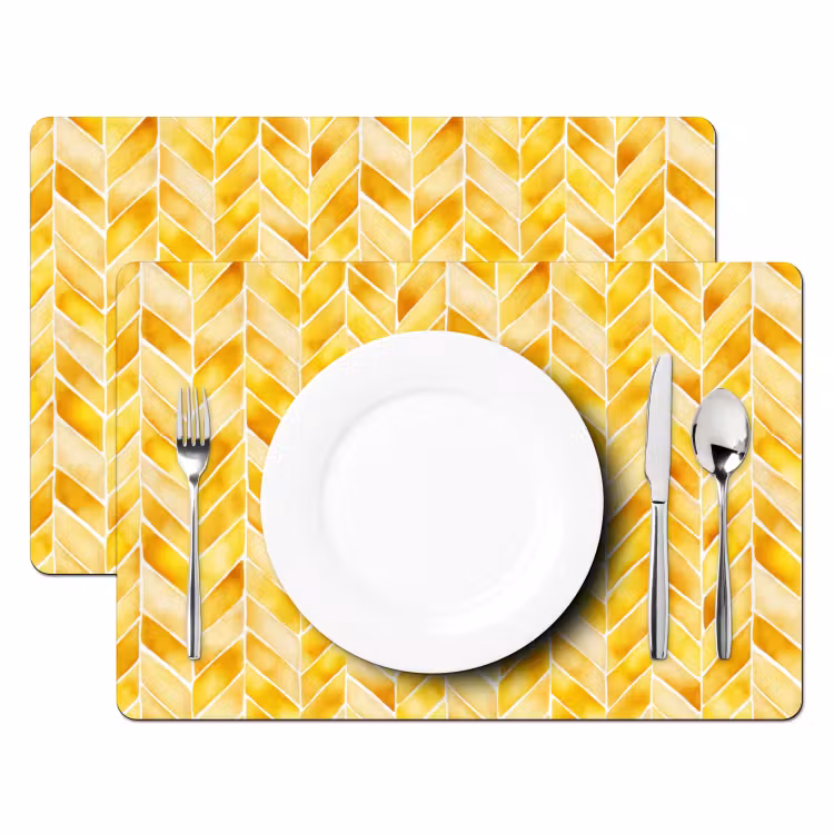 Placemat - 6 stuks - Visgraat - Aquarel - Patronen - Goudgeel — 2