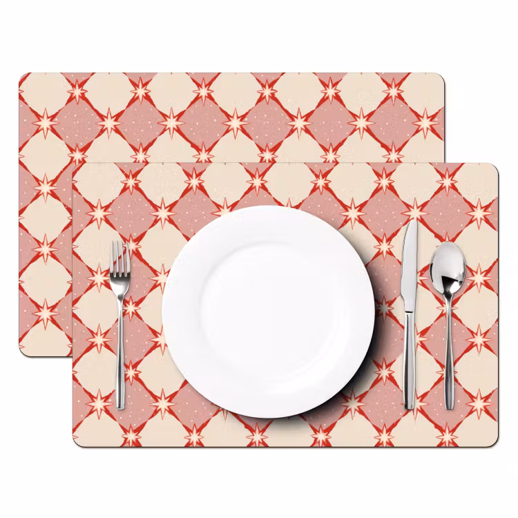 Placemat - 6 stuks - Ruiten - Sterren - Vintage - Oudroze - Rood — 2