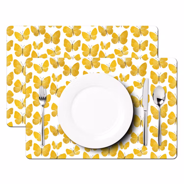 Placemat - 6 stuks - Vlinders - Botanisch - Illustratie - Geel - Wit — 2