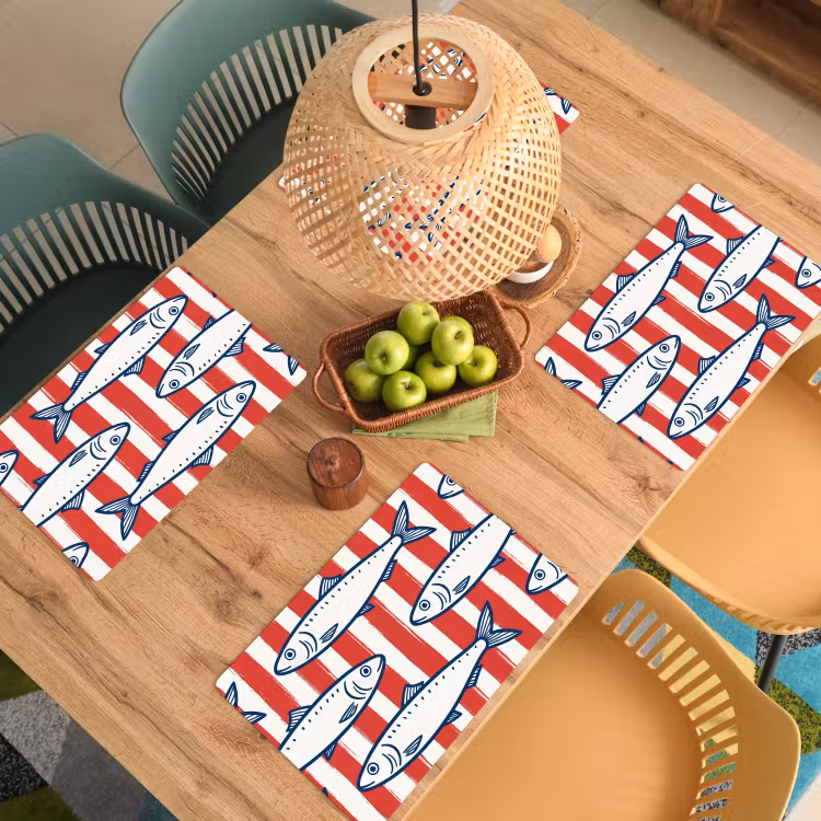 Placemat - 6 stuks - Vis - Patroon - Strepen - Illustratie - Rood — 6