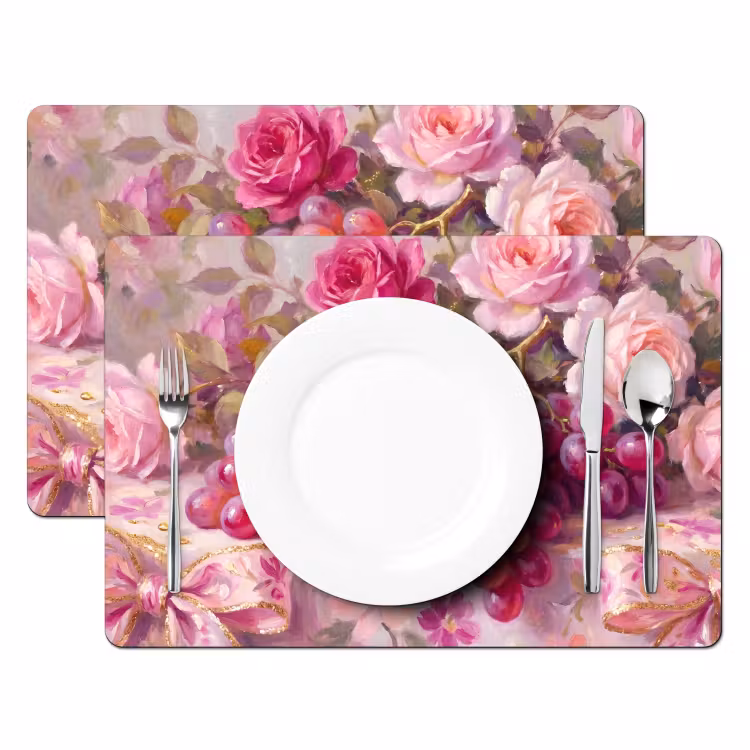 Placemat - 6 stuks - Eten - Bloemen - Stilleven - Roze - Goud — 2