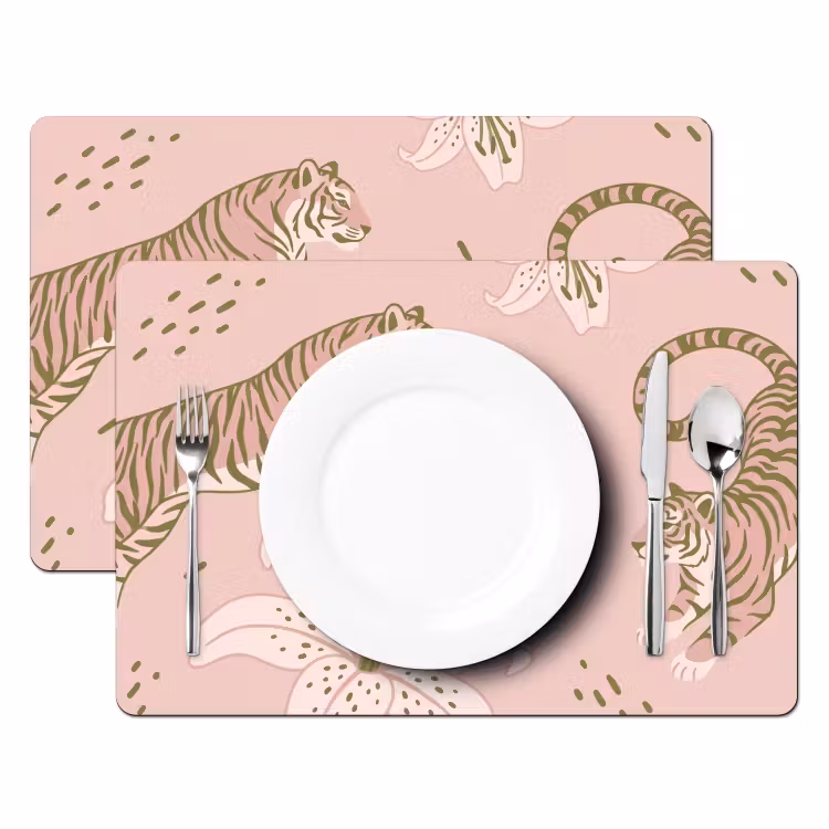 Placemat - 6 stuks - Kat - Springend - Bloemen - Abstract - Roze — 2