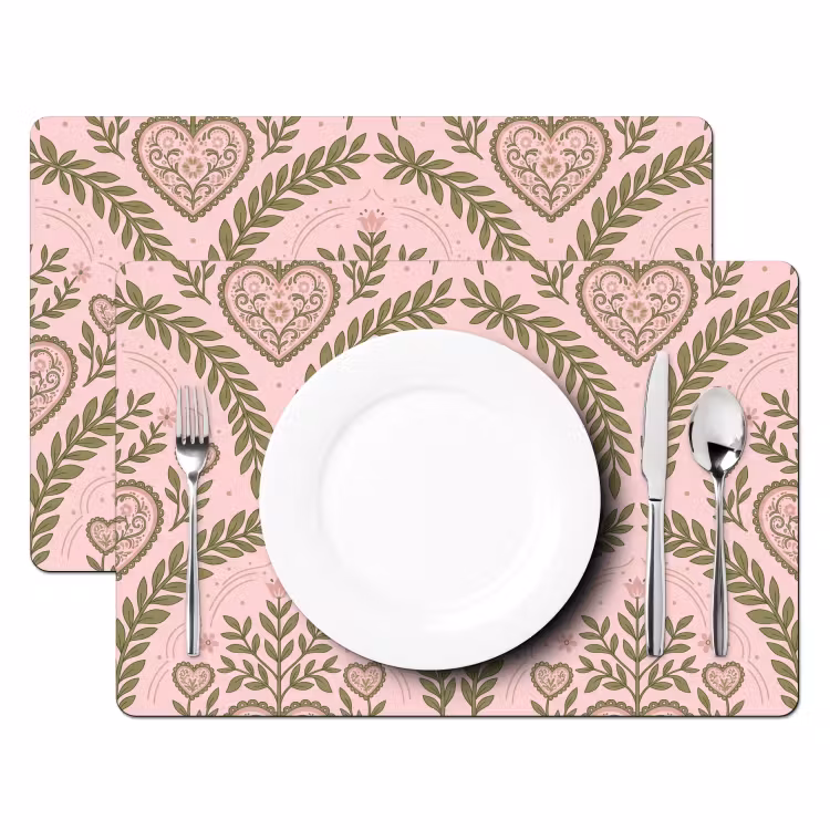 Placemat - 6 stuks - Patroon - Hart - Bloemen - Folkloristisch - Roze — 2