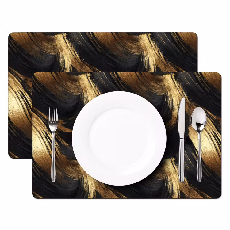 Placemat - 6 stuks - Verfstreken - Abstract - Goud - Zwart — 2