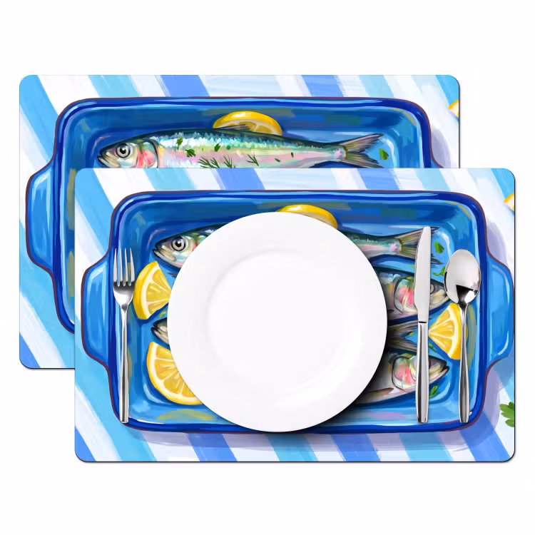 Placemat - 6 stuks - Vis - Citroen - Kruiden - Eten - Blauw — 2
