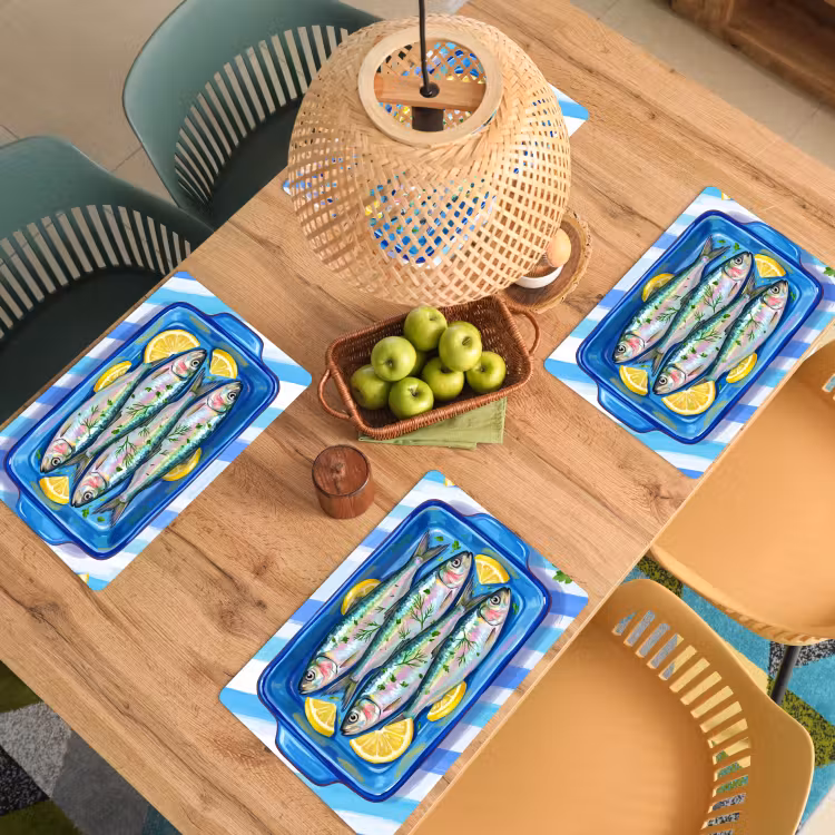 Placemat - 6 stuks - Vis - Citroen - Kruiden - Eten - Blauw — 6