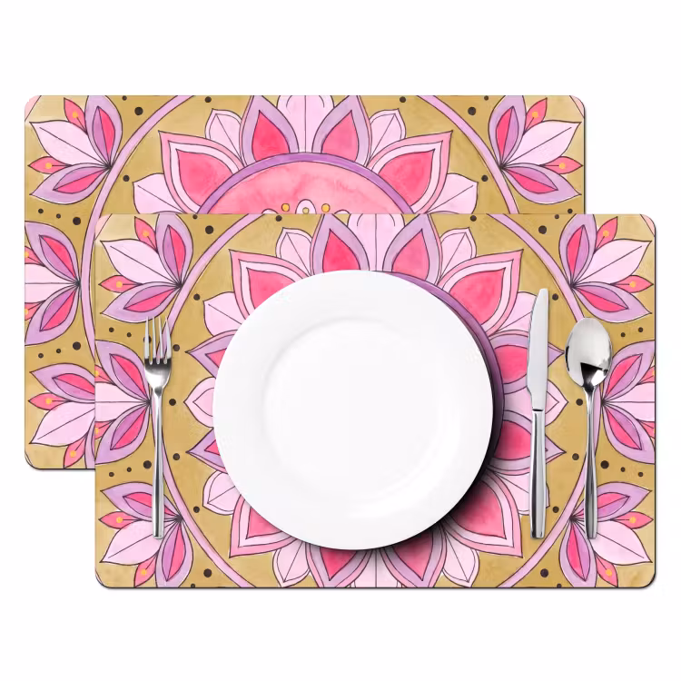 Placemat - 6 stuks - Mandala - Patroon - Kunst - Aquarel - Roze — 2