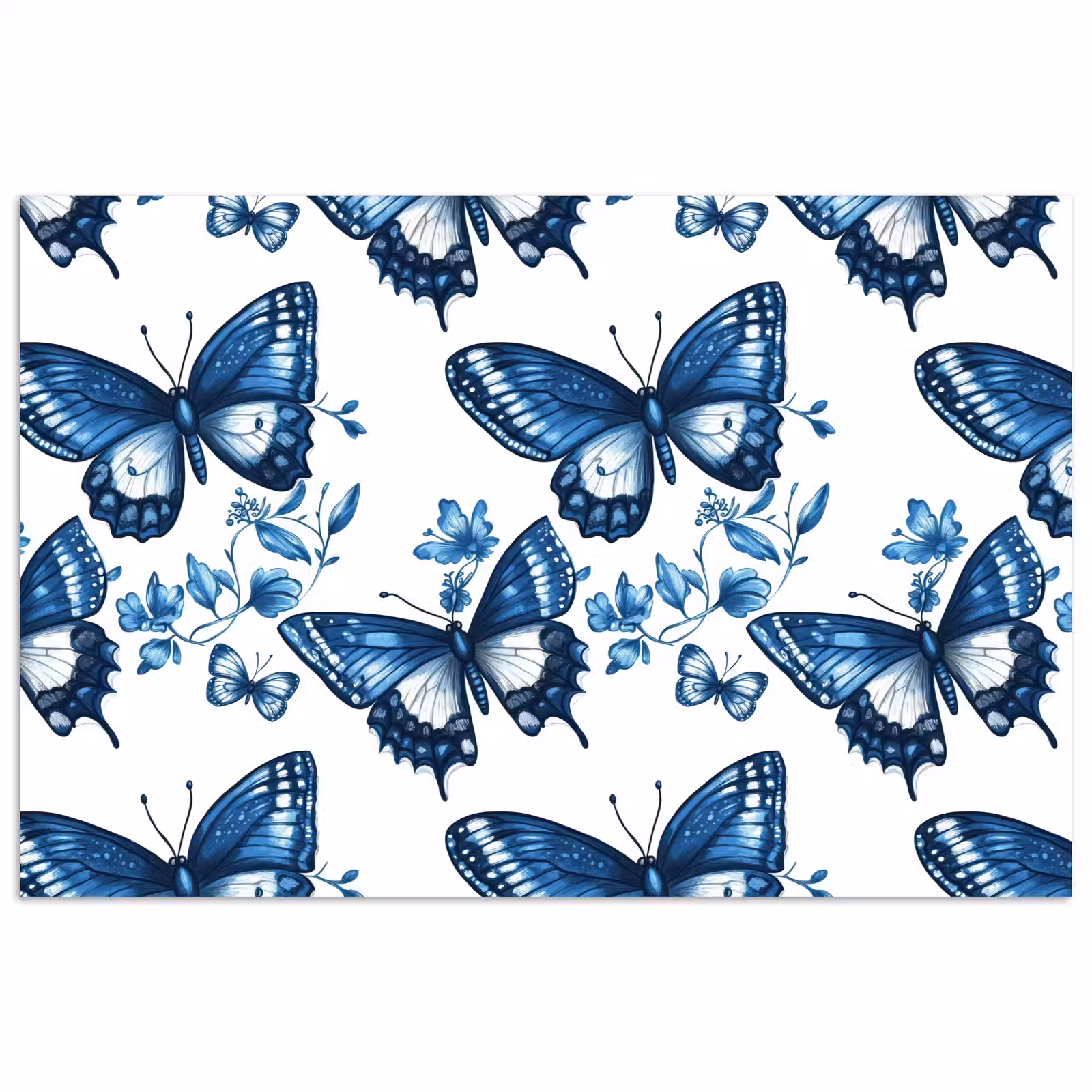 Poster - Blauw - Vlinders - Bloemen - Wit — 1