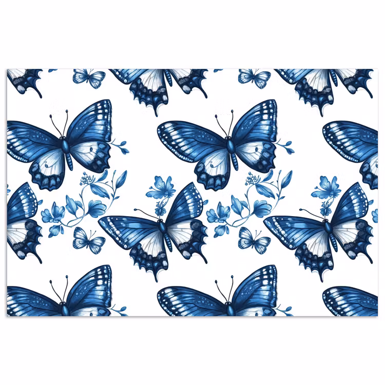 Poster - Blauw - Vlinders - Bloemen - Wit — 1