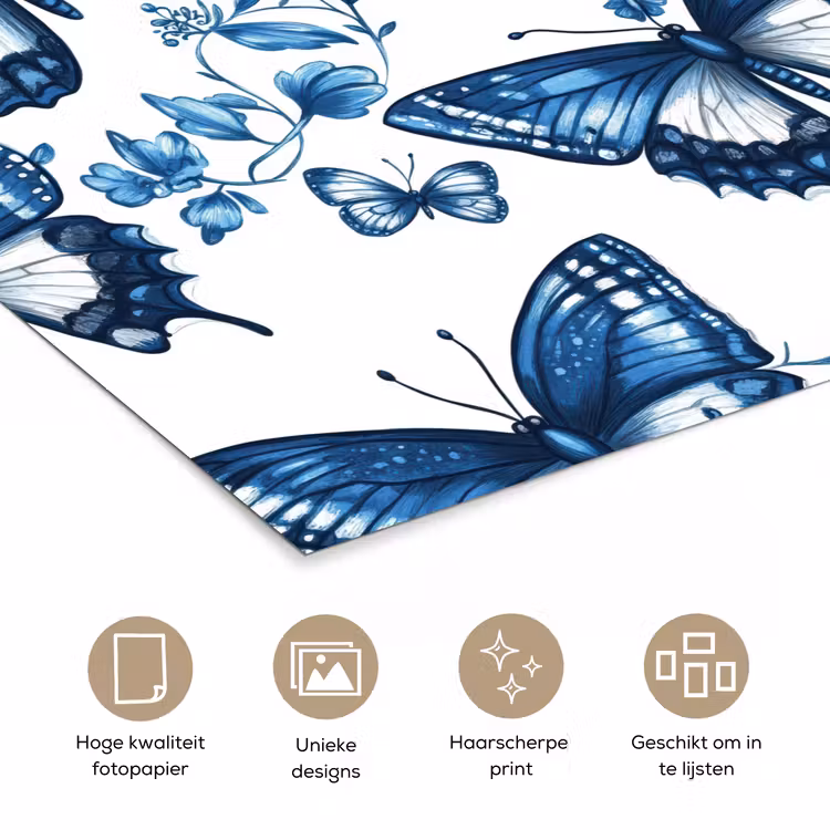 Poster - Blauw - Vlinders - Bloemen - Wit — 5